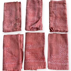Set of 6 Red White Woven Floral Country Farmhouse Fabric Napkins